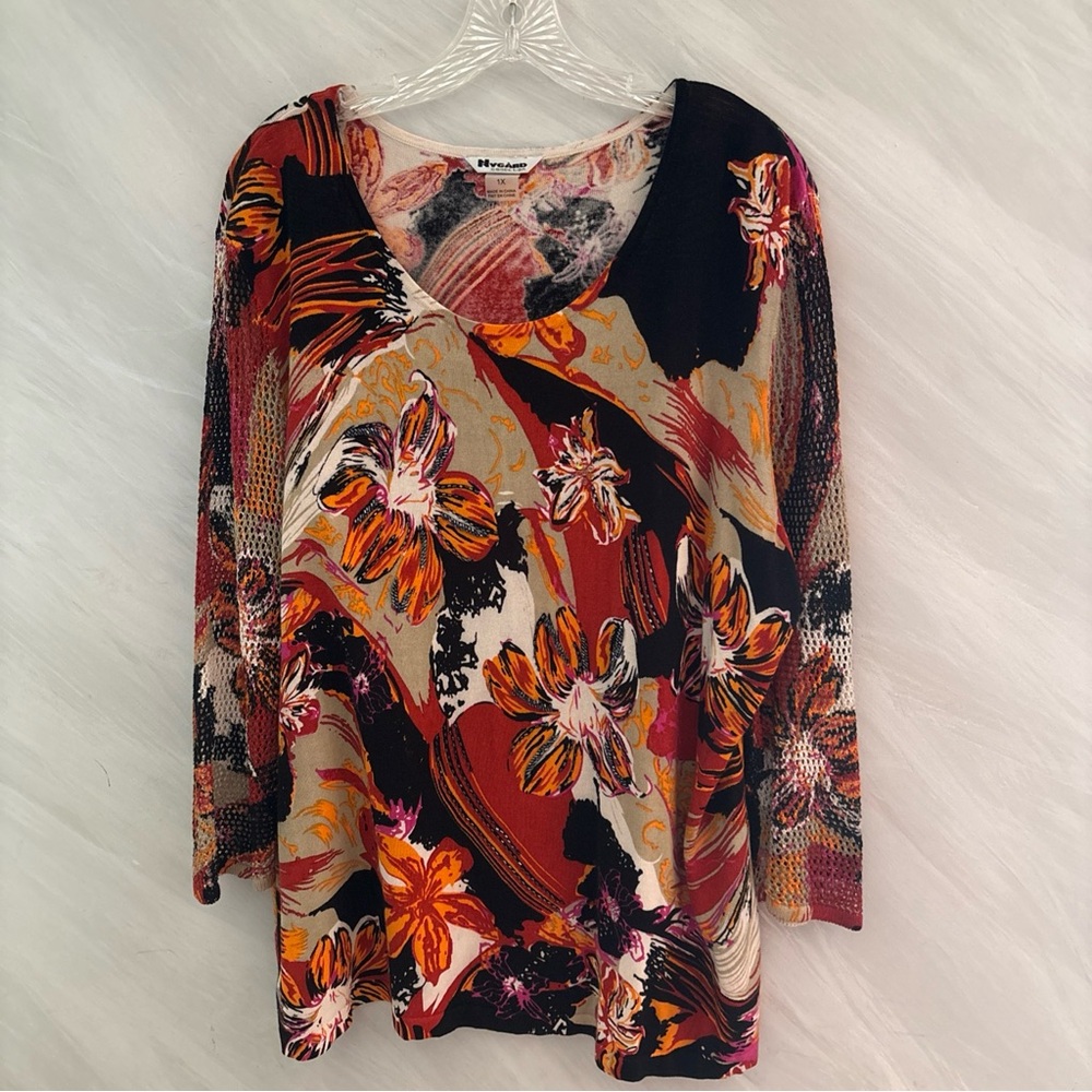 Nygard 1X Brown, Black ,Tan Floral Scoop Neck 3/4 Mesh Sleeves, Beads Blouse